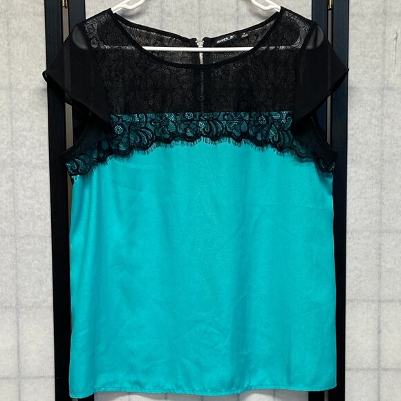 Allen B Allen Schwartz Sheer Lace Bodice Cap Sleeve Back Zip Top Turquoise Black - Picture 1 of 11